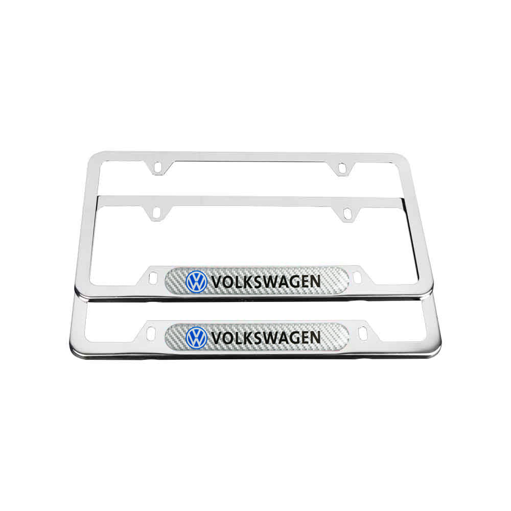 2x Silver Volkswagen VW Euro Style License Plate Frames - Front/Rear German Plate Holder