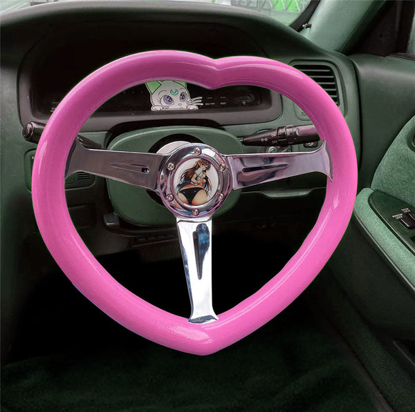 14inch Universal Racing Heart Steering Wheel Wood Chrome Spoke Girl  Steering Wheel with Anime Horn