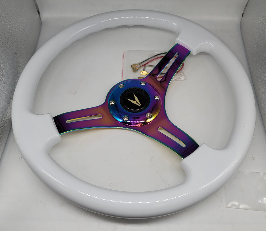 Brand New 350mm 14" Universal JDM BLACK ACURA Deep Dish ABS Racing Steering Wheel White With Neo-Chrome Spoke