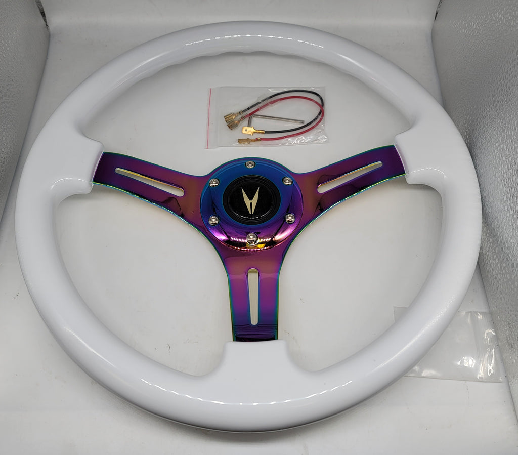 Brand New 350mm 14" Universal JDM BLACK ACURA Deep Dish ABS Racing Steering Wheel White With Neo-Chrome Spoke