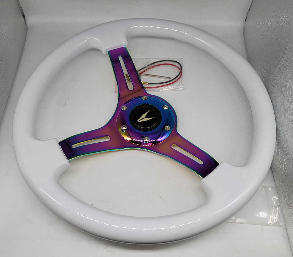 Brand New 350mm 14" Universal JDM BLACK ACURA Deep Dish ABS Racing Steering Wheel White With Neo-Chrome Spoke