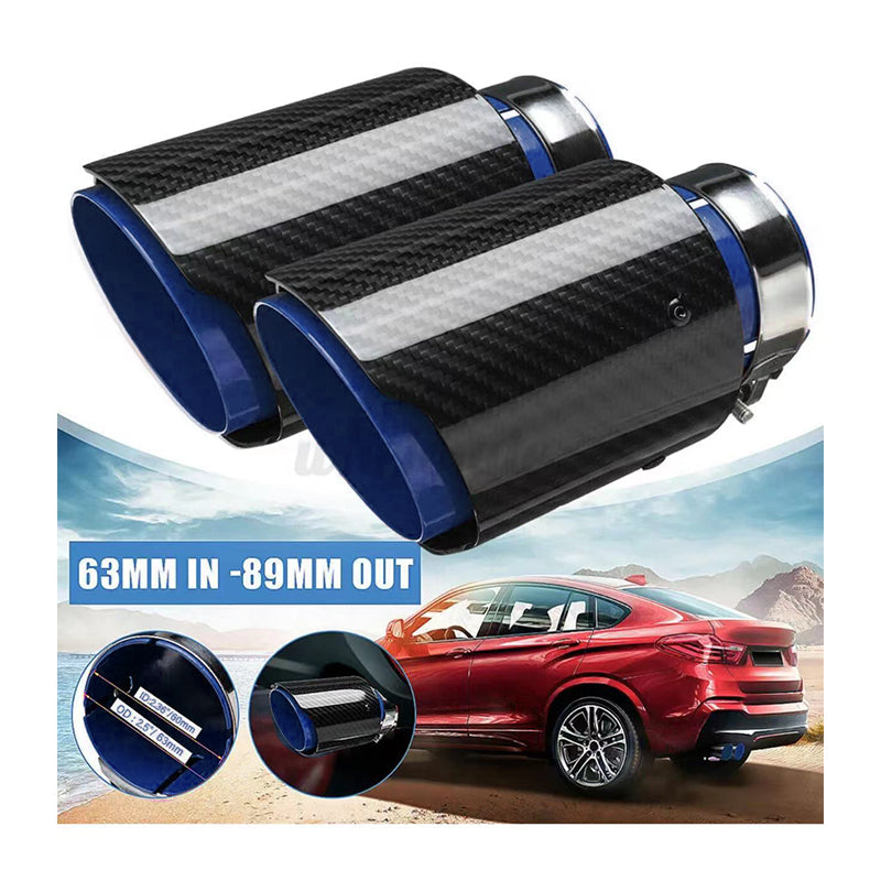 Brand New Universal 2.5'' 63MM-89MM Blue Glossy Carbon Fiber Stainless Steel Car Exhaust Pipe Single Muffler Tip Trim Straight