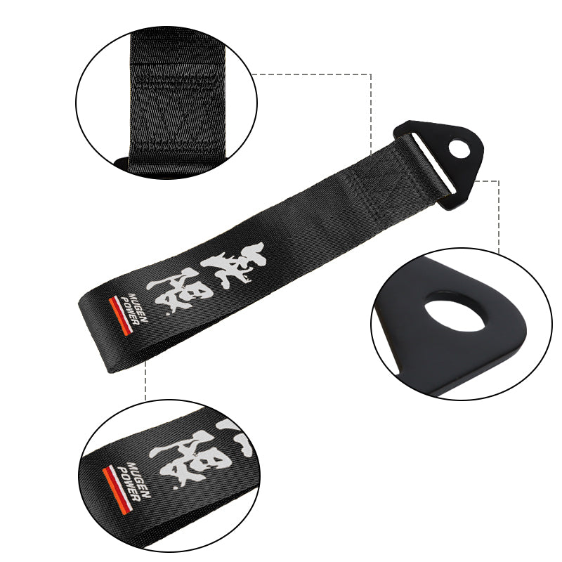 DTM Black Racing Tow Strap With Hook – Universal Front/Rear Bumper – Steel & Polyester, 90-Day Warranty