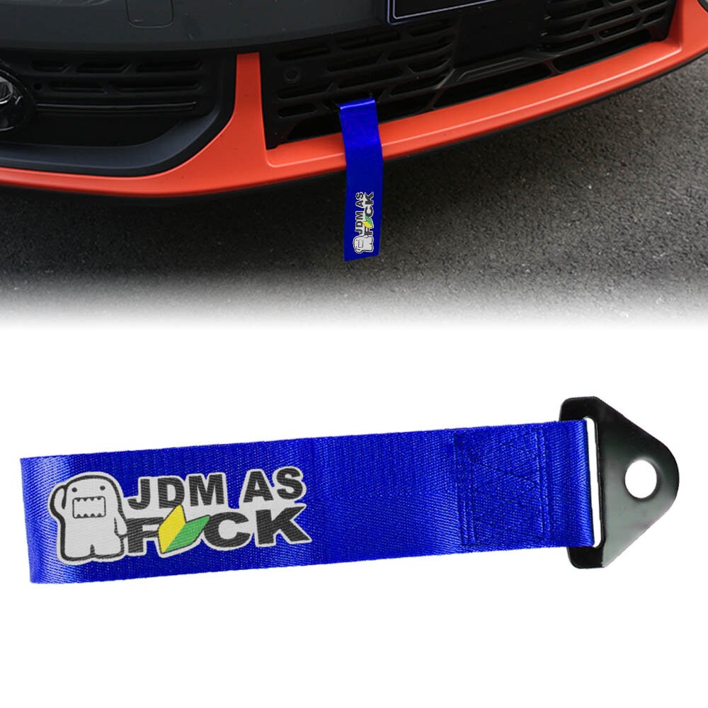 JDM High Strength Bride Style Tow Strap – Front/Rear Bumper Towing Hook – Black Nylon With Metal Bracket – 11" X 2"