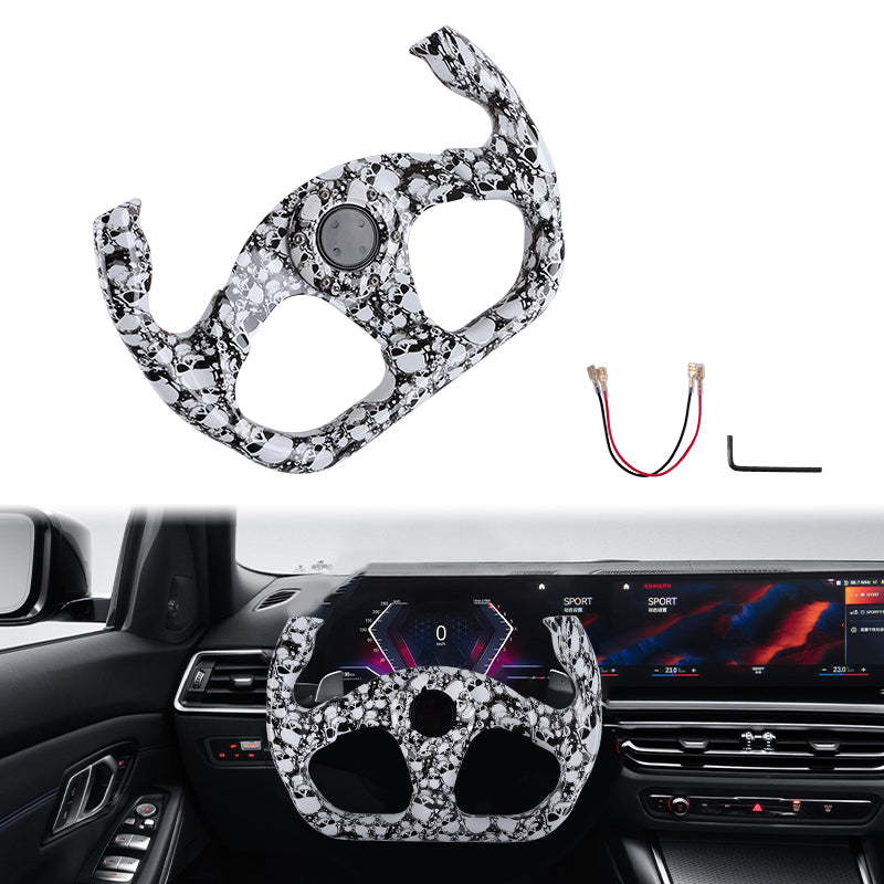 BRAND NEW UNIVERSAL 330MM Graphic Skull Look Yoke Style Acrylic 6 Holes White Steering Wheel w/Horn Button Cover