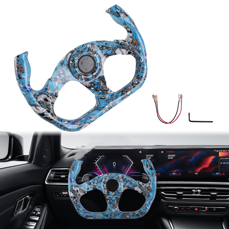 BRAND NEW UNIVERSAL 330MM Graphic Skull Look Yoke Style Acrylic 6 Holes Blue Steering Wheel w/Horn Button Cover