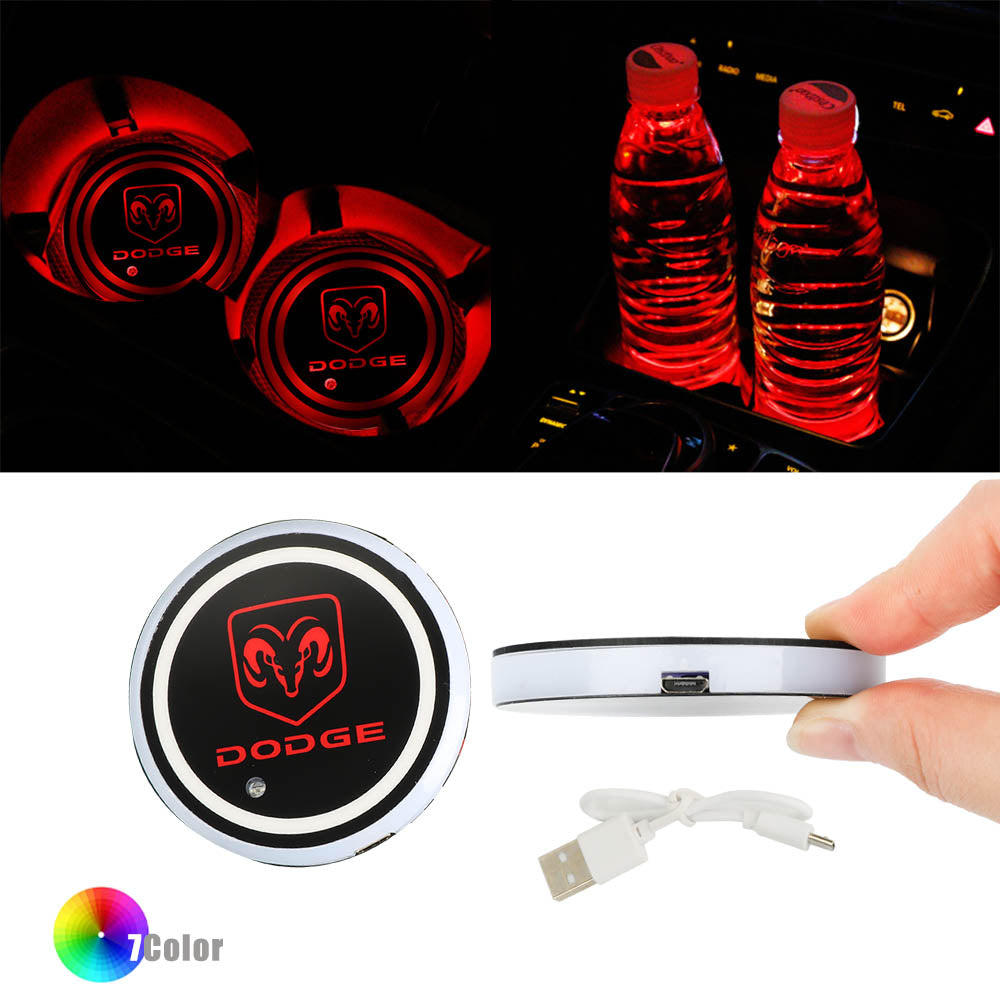 BRAND NEW UNIVERSAL V2 2PCS DODGE Switchable Seven Colorful LED Car Cup Holder Mat Coaster Pad