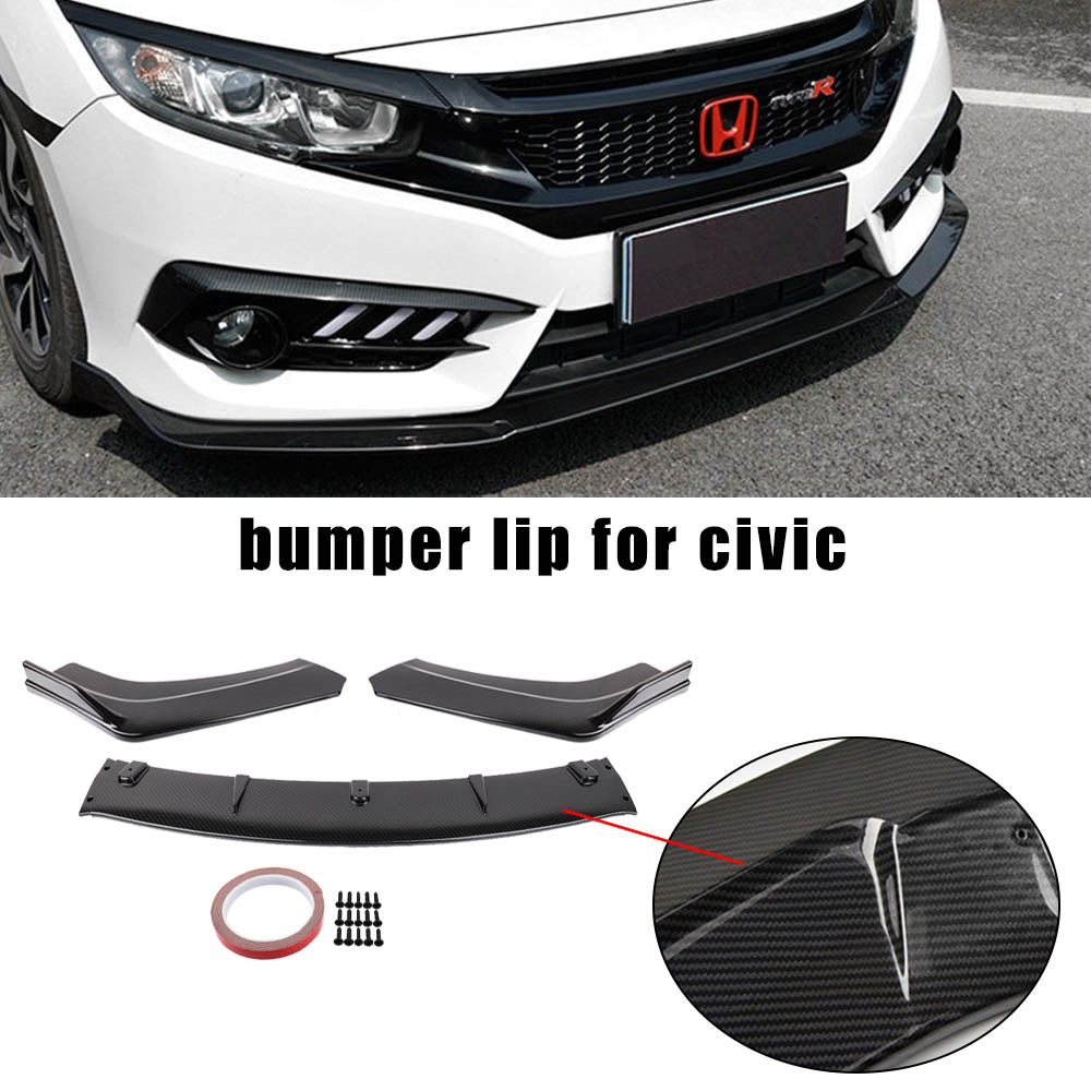 BRAND NEW 3PCS 2016-2021 Honda Civic 4DR SEDAN LX EX Si JDM CARBON FIBER LOOK FRONT BUMPER LIP SPLITTER KIT