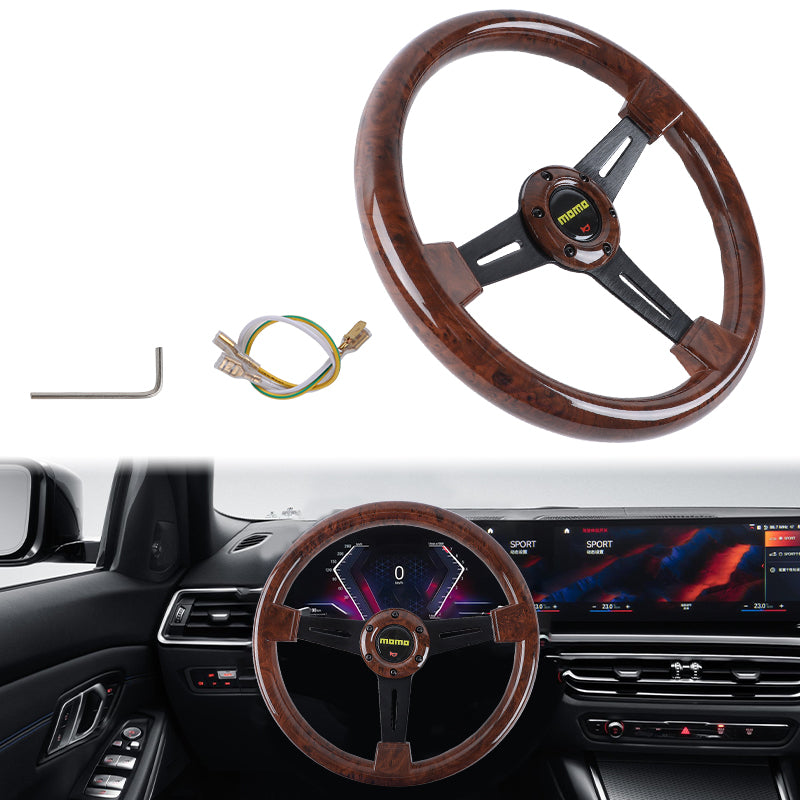 Brand New 350mm 14" Universal Momo Dark Wood ABS Racing Steering Wheel Black Spoke