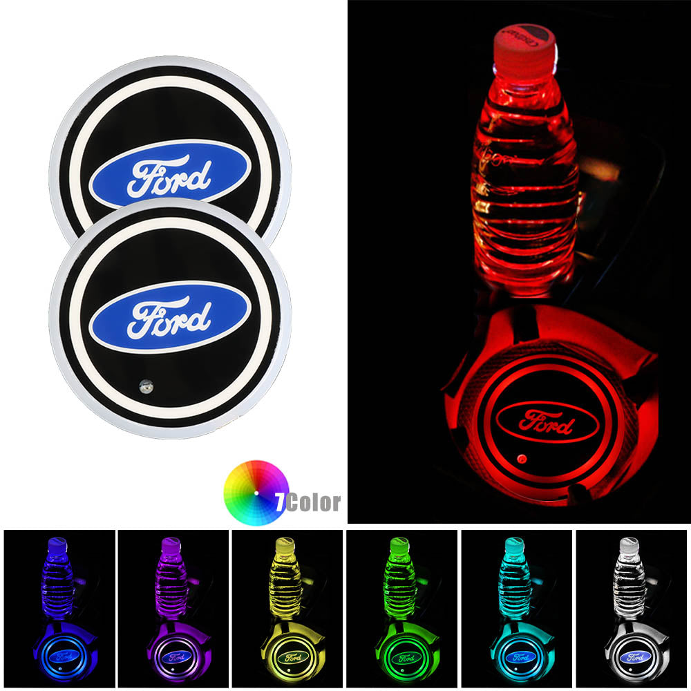 BRAND NEW UNIVERSAL V2 2PCS FORD Switchable Seven Colorful LED Car Cup Holder Mat Coaster Pad