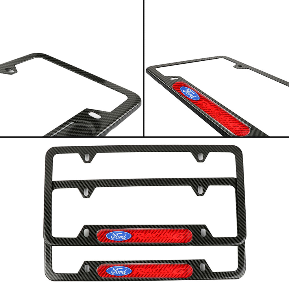 Brand New Universal 2PCS Ford Racing Carbon Fiber Look Metal License Plate Frame