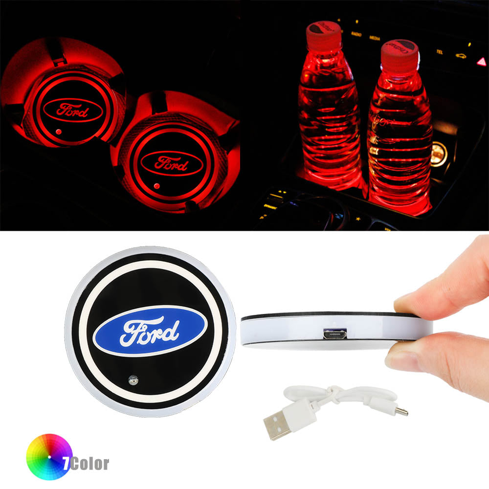 BRAND NEW UNIVERSAL V2 2PCS FORD Switchable Seven Colorful LED Car Cup Holder Mat Coaster Pad