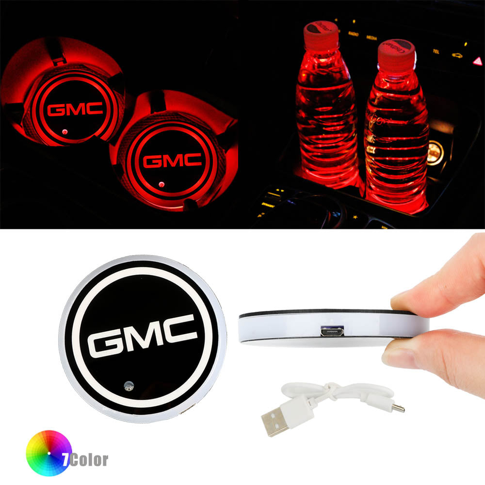 BRAND NEW UNIVERSAL V2 2PCS GMC Switchable Seven Colorful LED Car Cup Holder Mat Coaster Pad