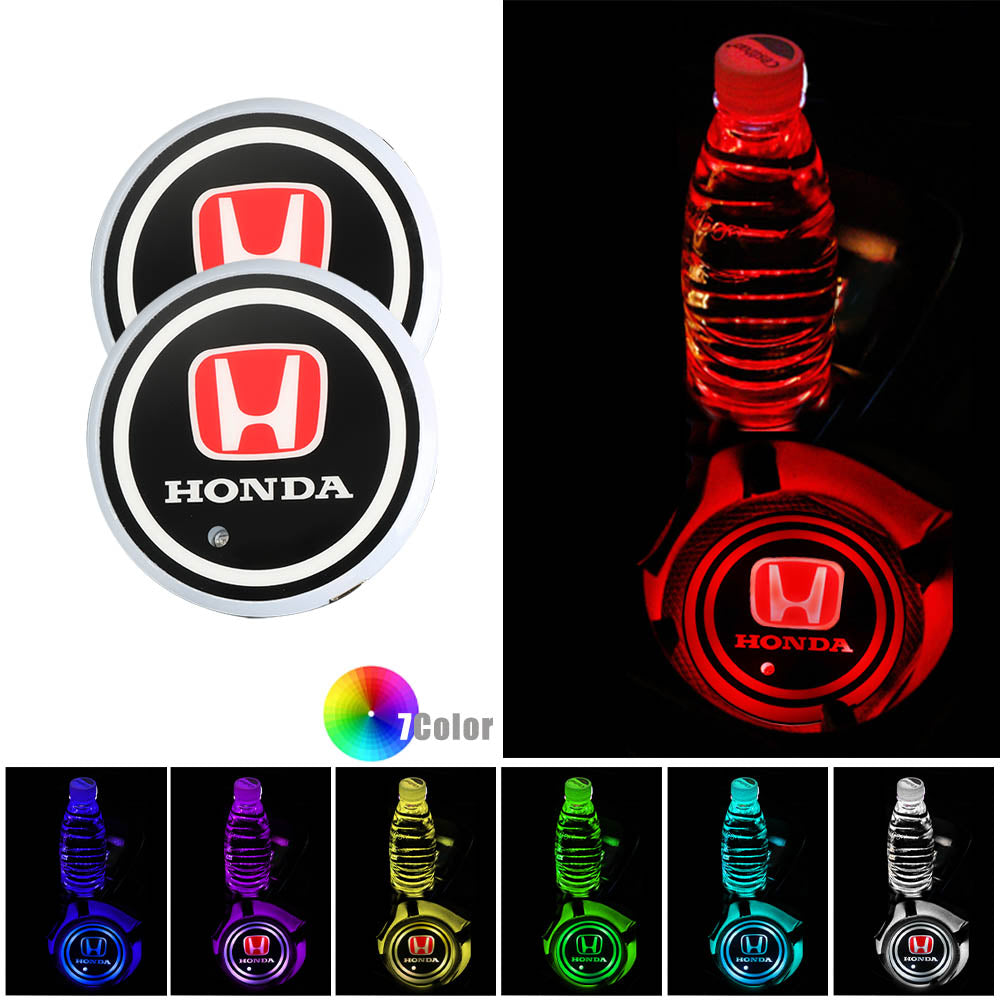 BRAND NEW UNIVERSAL V2 2PCS HONDA Switchable Seven Colorful LED Car Cup Holder Mat Coaster Pad