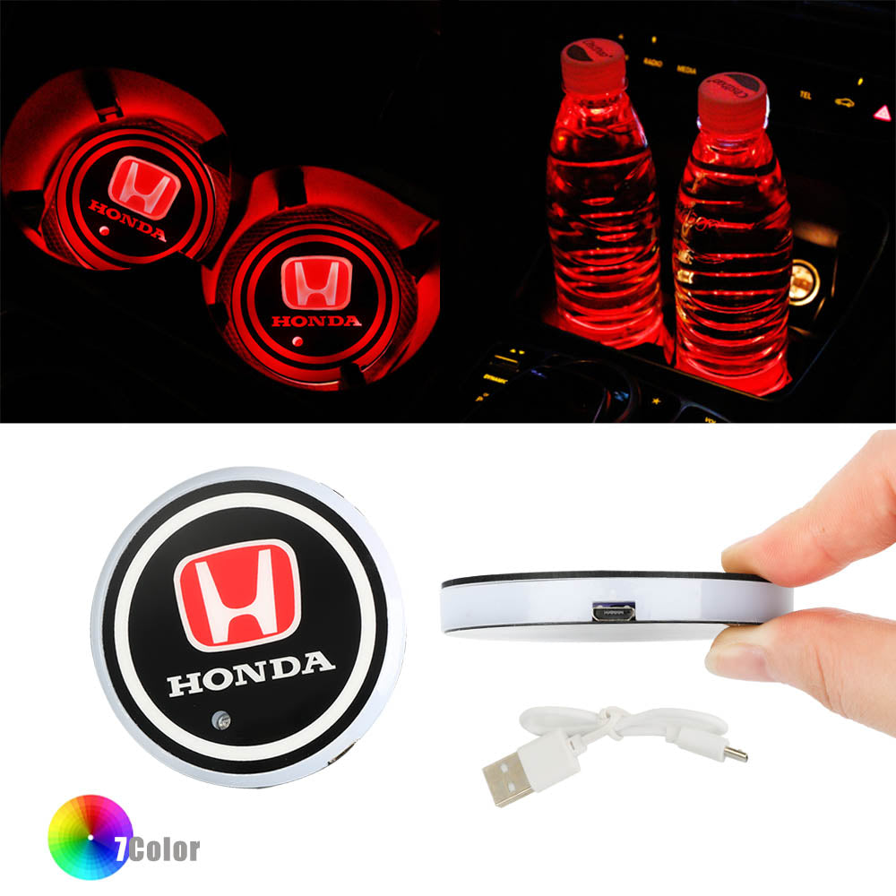 BRAND NEW UNIVERSAL V2 2PCS HONDA Switchable Seven Colorful LED Car Cup Holder Mat Coaster Pad