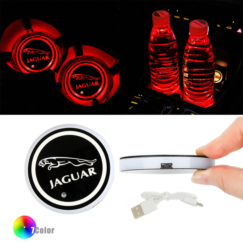 BRAND NEW UNIVERSAL V2 2PCS JAGUAR Switchable Seven Colorful LED Car Cup Holder Mat Coaster Pad