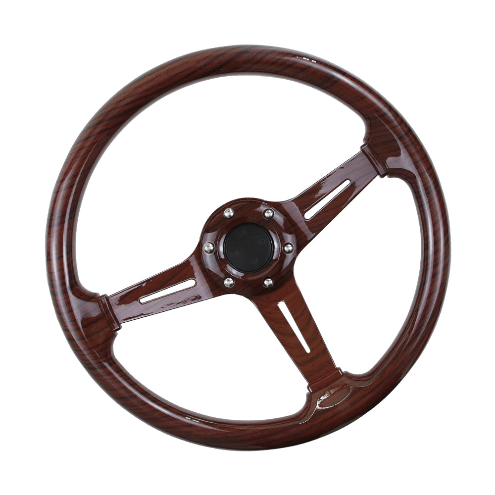 BRAND NEW UNIVERSAL 350MM 14'' Dark Wood Style Acrylic Deep Dish 6 Holes Steering Wheel w/Horn Button Cover