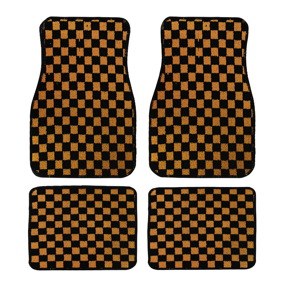 Brand New 4PCS UNIVERSAL CHECKERED ORANGE Racing Fabric Car Floor Mats Interior Carpets