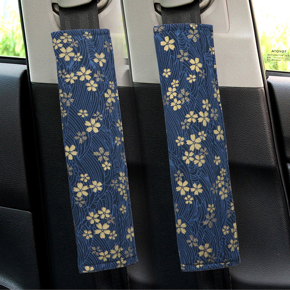 Brand New Universal 2PCS SAKURA Blue Flower Fabric Soft Cotton Seat Belt Cover Shoulder Pads