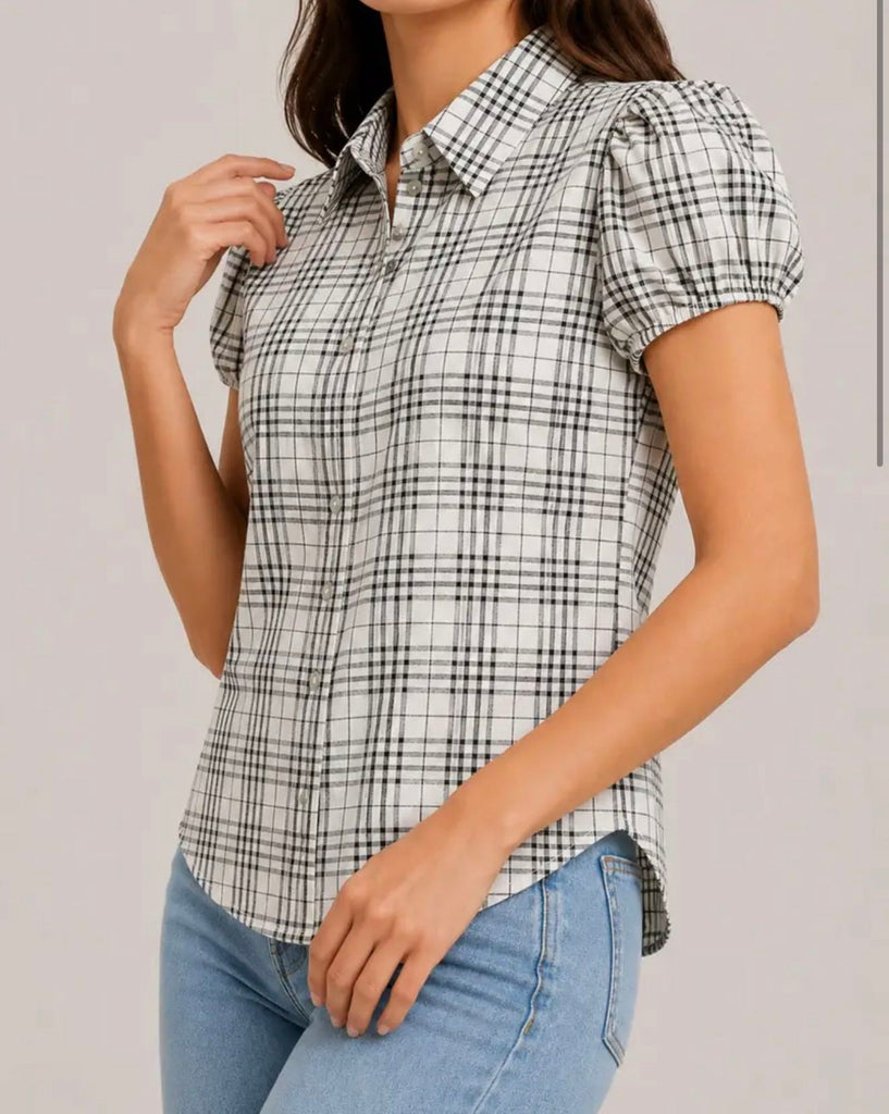 2026 New Women Vintage Plaid Shirt Short Sleeve Puff Sleeve Top Fashion Versatile Casual Blouse Limited Stock Hot Must Have Daily Outfit
