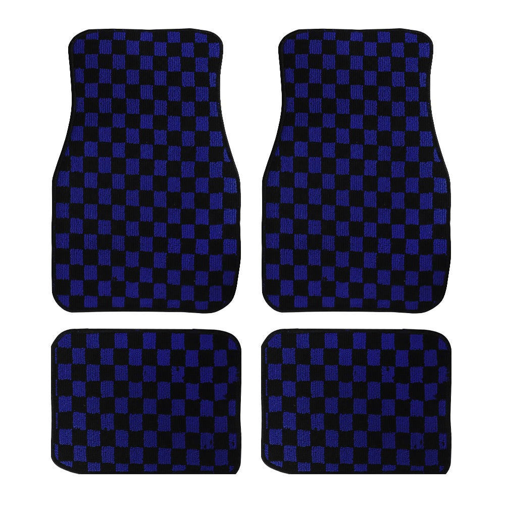 Brand New 4PCS UNIVERSAL CHECKERED BLUE Racing Fabric Car Floor Mats Interior Carpets