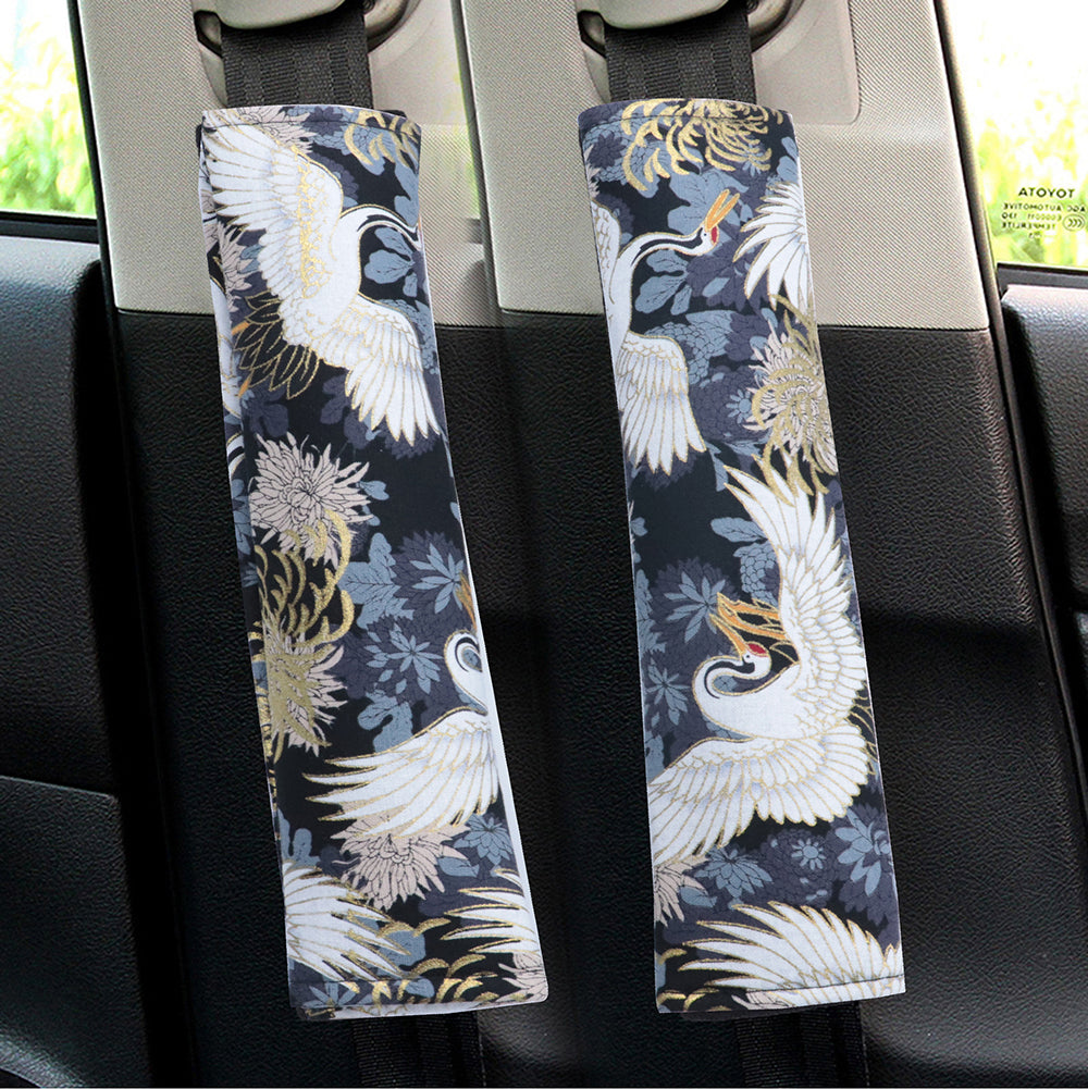 Brand New Universal 2PCS SAKURA Black Bird Fabric Soft Cotton Seat Belt Cover Shoulder Pads