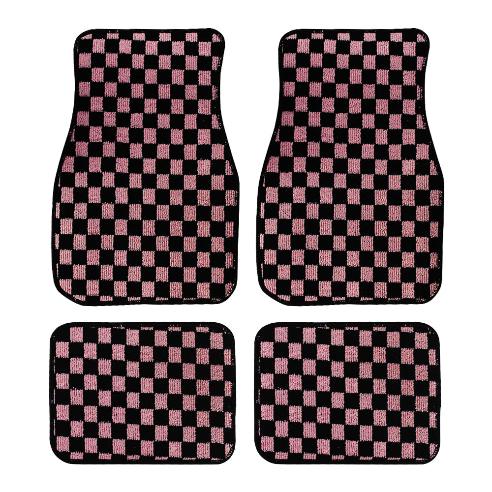 Brand New 4PCS UNIVERSAL CHECKERED Pink Racing Fabric Car Floor Mats Interior Carpets