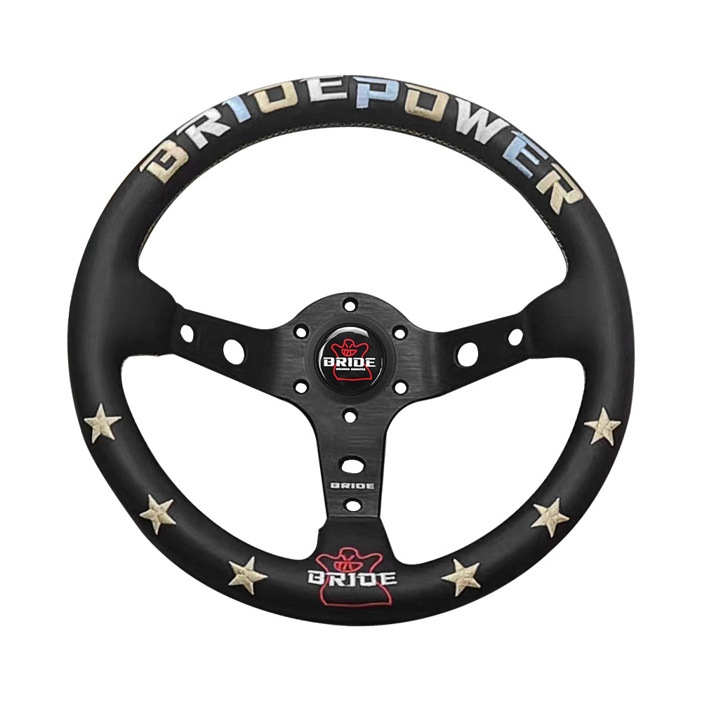 Brand New 13" Bride Power Racing Gold Stitching Leather Geniune Sport Steering Wheel w Horn Button