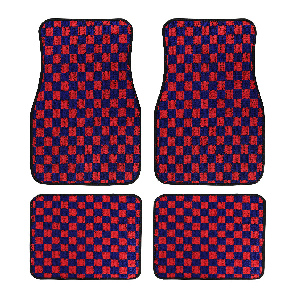 Brand New 4PCS UNIVERSAL CHECKERED Red Racing Fabric Car Floor Mats Interior Carpets