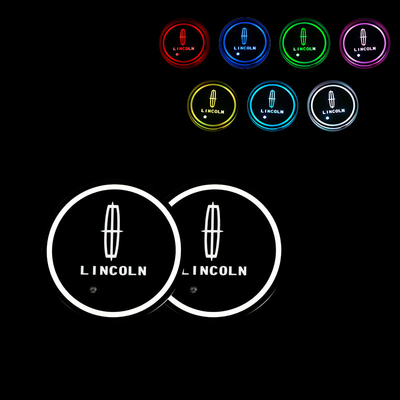 BRAND NEW UNIVERSAL 2PCS LINCOLN Switchable Seven Colorful LED Car Cup Holder Mat Coaster Pad
