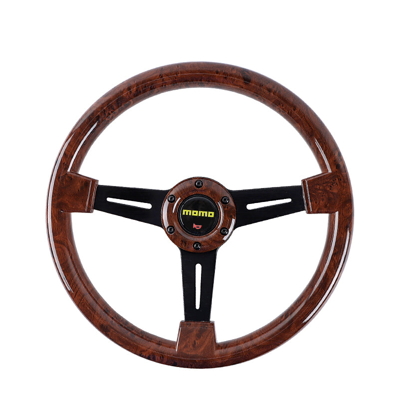 Brand New 350mm 14" Universal Momo Dark Wood ABS Racing Steering Wheel Black Spoke