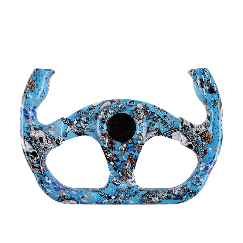 BRAND NEW UNIVERSAL 330MM Graphic Skull Look Yoke Style Acrylic 6 Holes Blue Steering Wheel w/Horn Button Cover