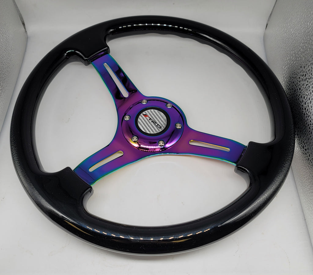 Brand New 350mm 14" Universal JDM TRD Deep Dish ABS Racing Steering Wheel Black With Neo-Chrome Spoke
