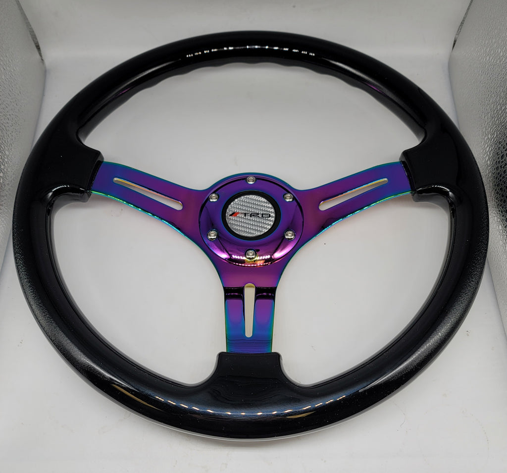 Brand New 350mm 14" Universal JDM TRD Deep Dish ABS Racing Steering Wheel Black With Neo-Chrome Spoke