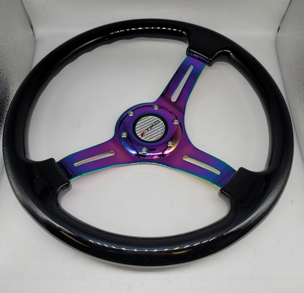 Brand New 350mm 14" Universal JDM TRD Deep Dish ABS Racing Steering Wheel Black With Neo-Chrome Spoke