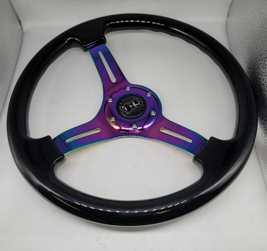 Brand New 350mm 14" Universal JDM Mugen Racer Deep Dish ABS Racing Steering Wheel Black With Neo-Chrome Spoke