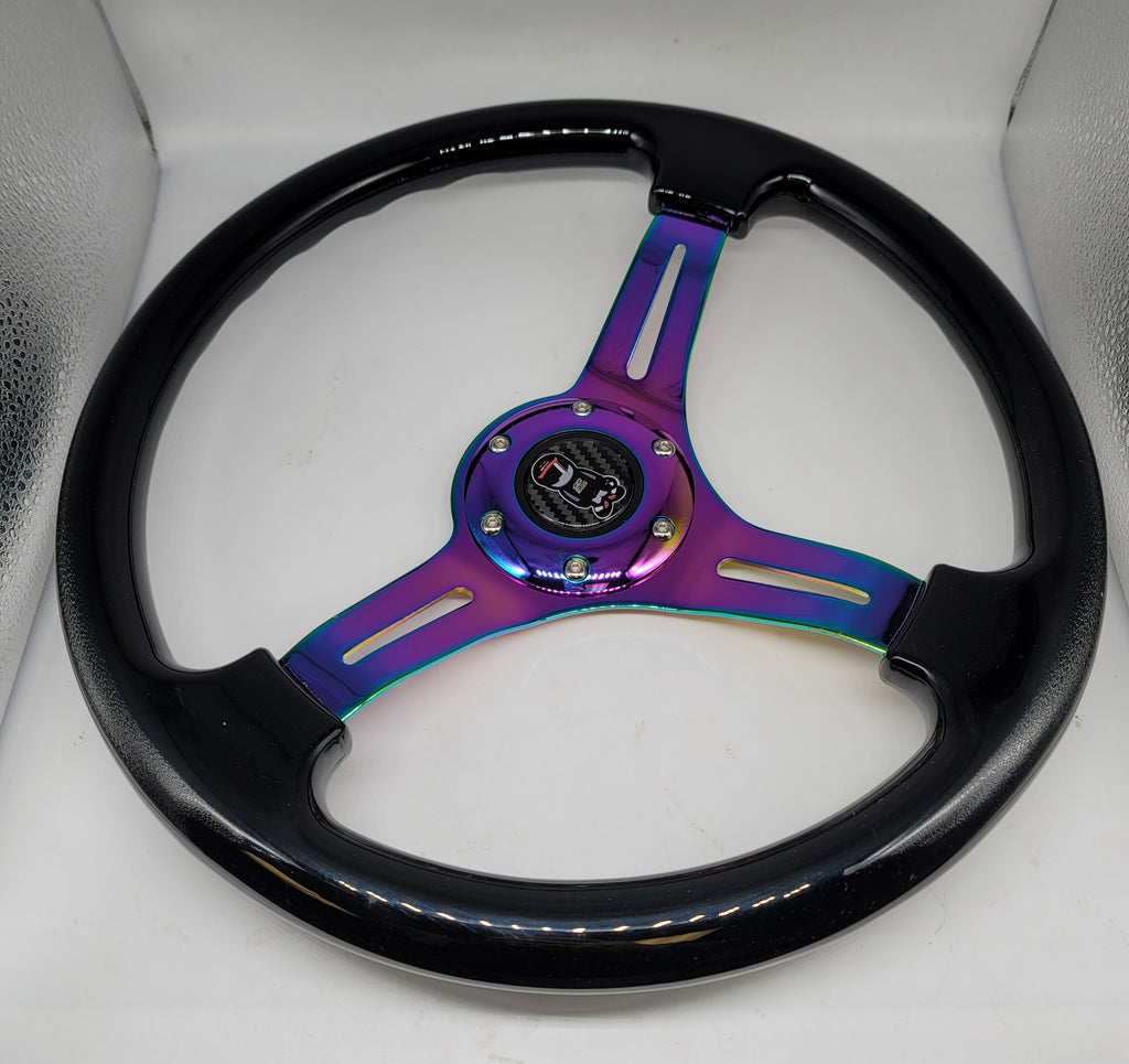 Brand New 350mm 14" Universal JDM Mugen Racer Deep Dish ABS Racing Steering Wheel Black With Neo-Chrome Spoke