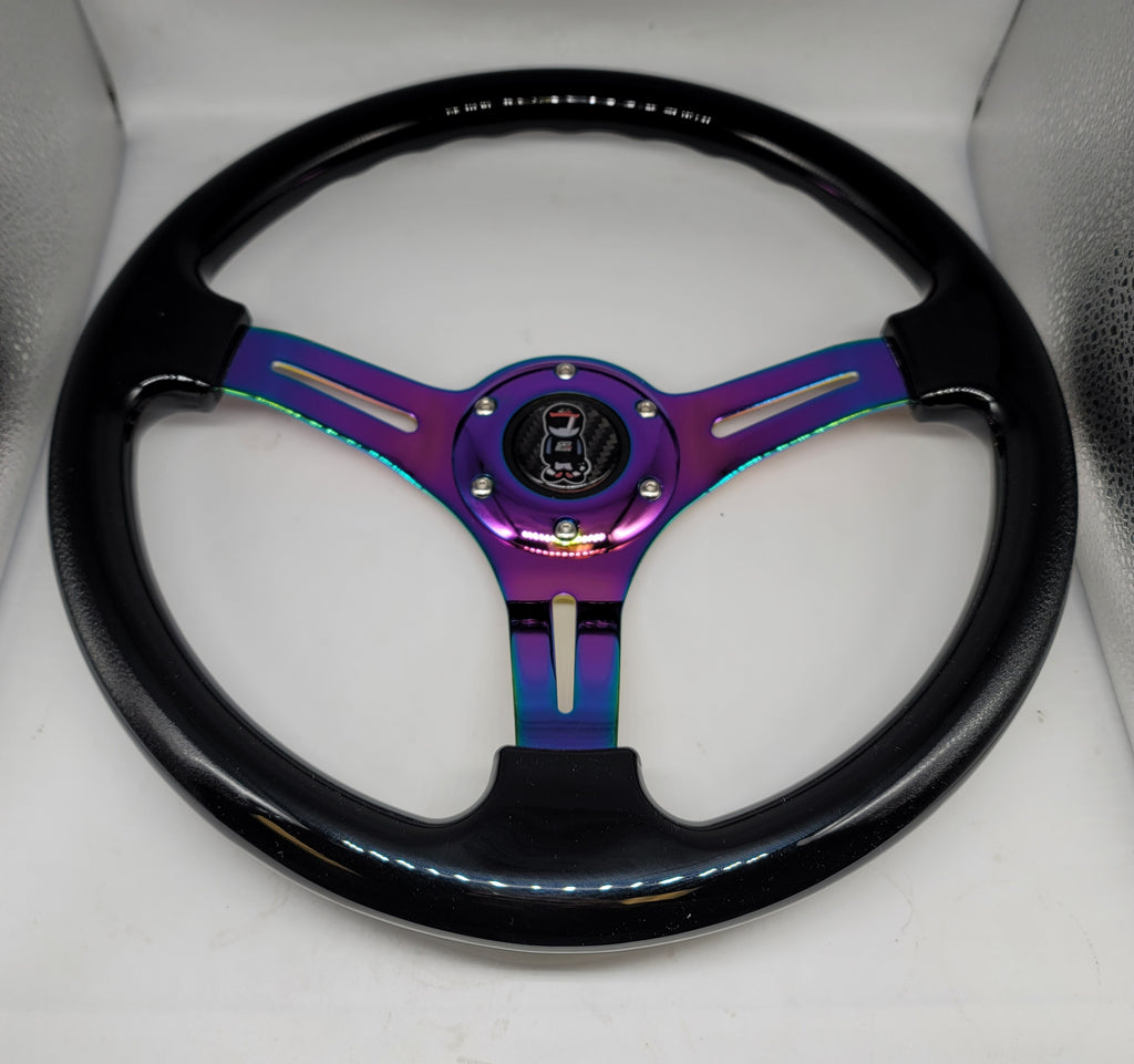 Brand New 350mm 14" Universal JDM Mugen Racer Deep Dish ABS Racing Steering Wheel Black With Neo-Chrome Spoke
