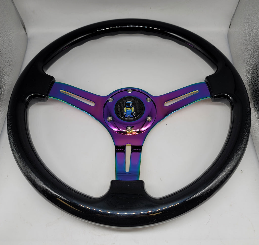 Brand New 350mm 14" Universal JDM Spoon Sports Racer Deep Dish ABS Racing Steering Wheel Black With Neo-Chrome Spoke