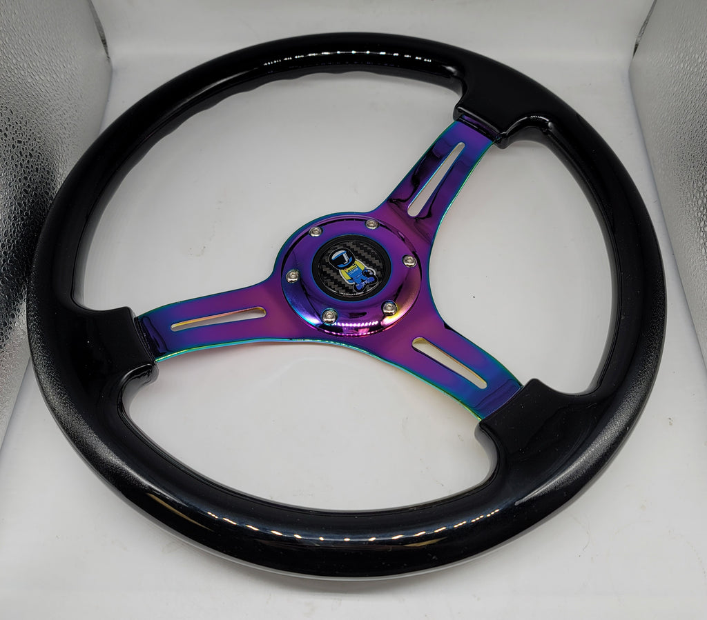 Brand New 350mm 14" Universal JDM Spoon Sports Racer Deep Dish ABS Racing Steering Wheel Black With Neo-Chrome Spoke