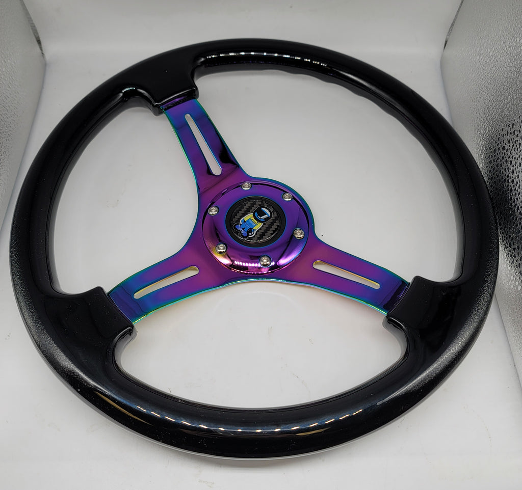 Brand New 350mm 14" Universal JDM Spoon Sports Racer Deep Dish ABS Racing Steering Wheel Black With Neo-Chrome Spoke