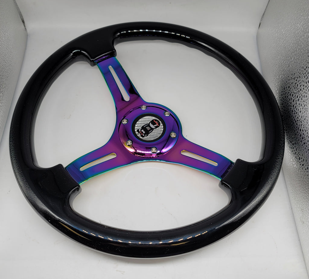 Brand New 350mm 14" Universal JDM Mugen Racer Deep Dish ABS Racing Steering Wheel Black With Neo-Chrome Spoke