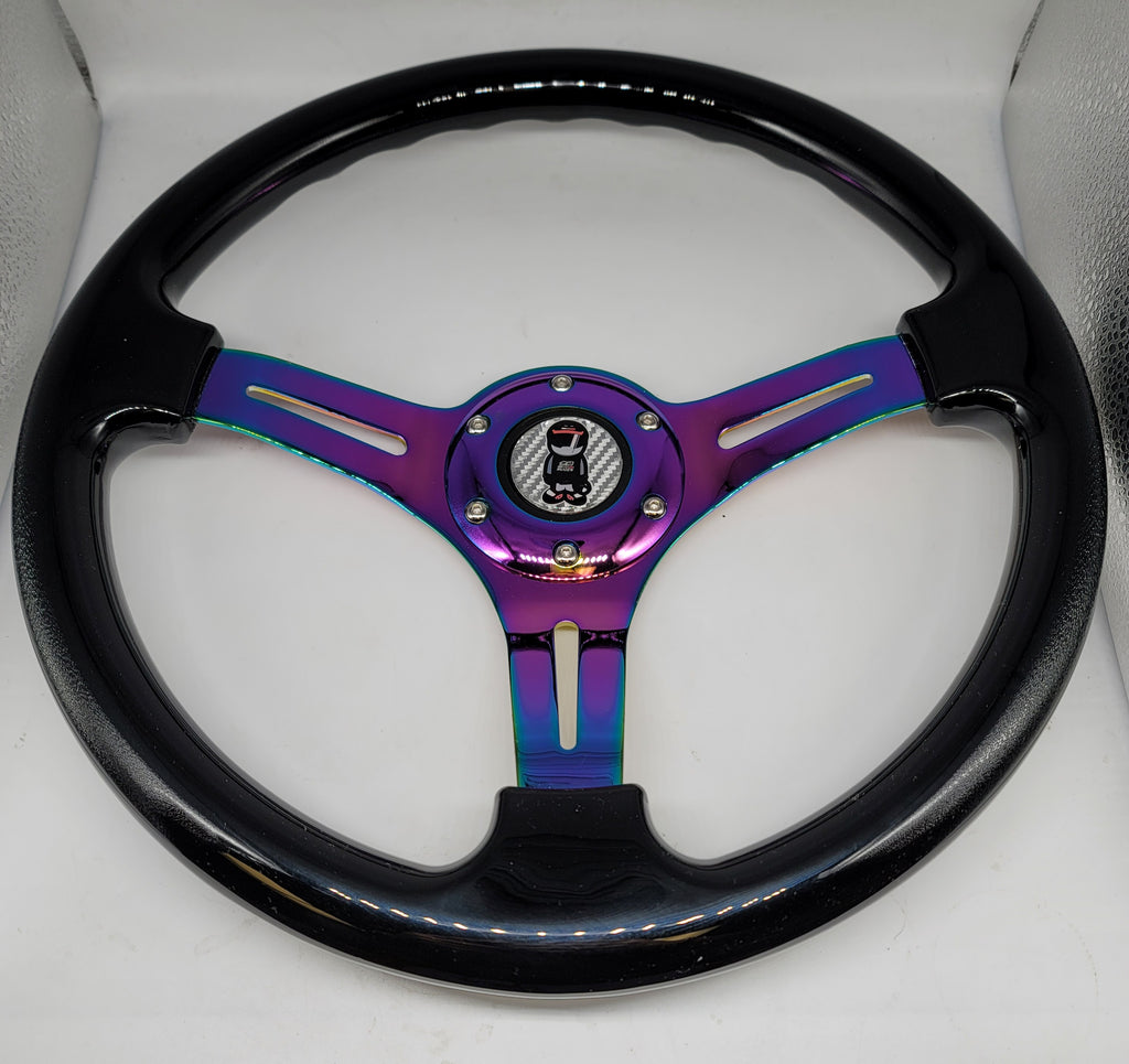 Brand New 350mm 14" Universal JDM Mugen Racer Deep Dish ABS Racing Steering Wheel Black With Neo-Chrome Spoke