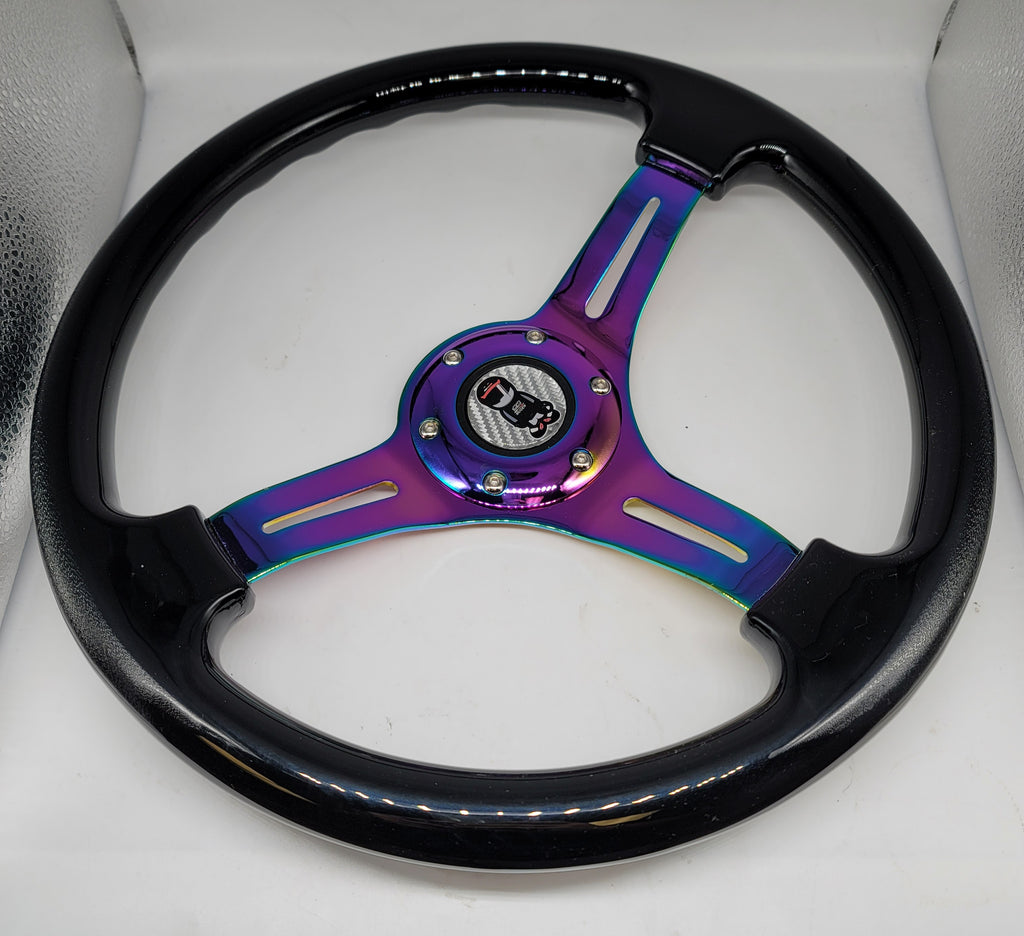 Brand New 350mm 14" Universal JDM Mugen Racer Deep Dish ABS Racing Steering Wheel Black With Neo-Chrome Spoke