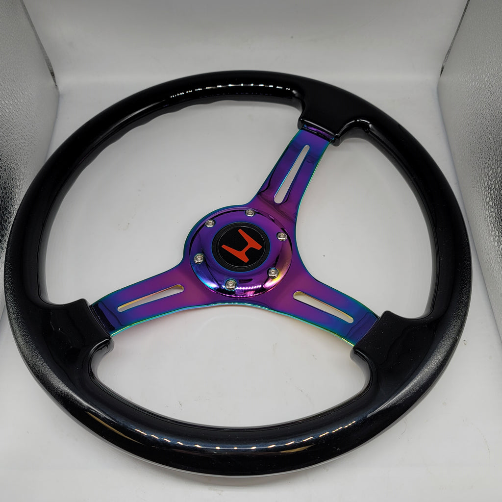 Brand New 350mm 14" Universal JDM Honda Red H Logo Deep Dish ABS Racing Steering Wheel Black With Neo-Chrome Spoke