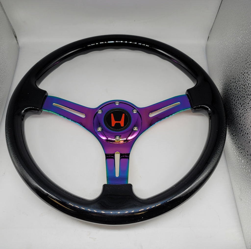 Brand New 350mm 14" Universal JDM Honda Red H Logo Deep Dish ABS Racing Steering Wheel Black With Neo-Chrome Spoke