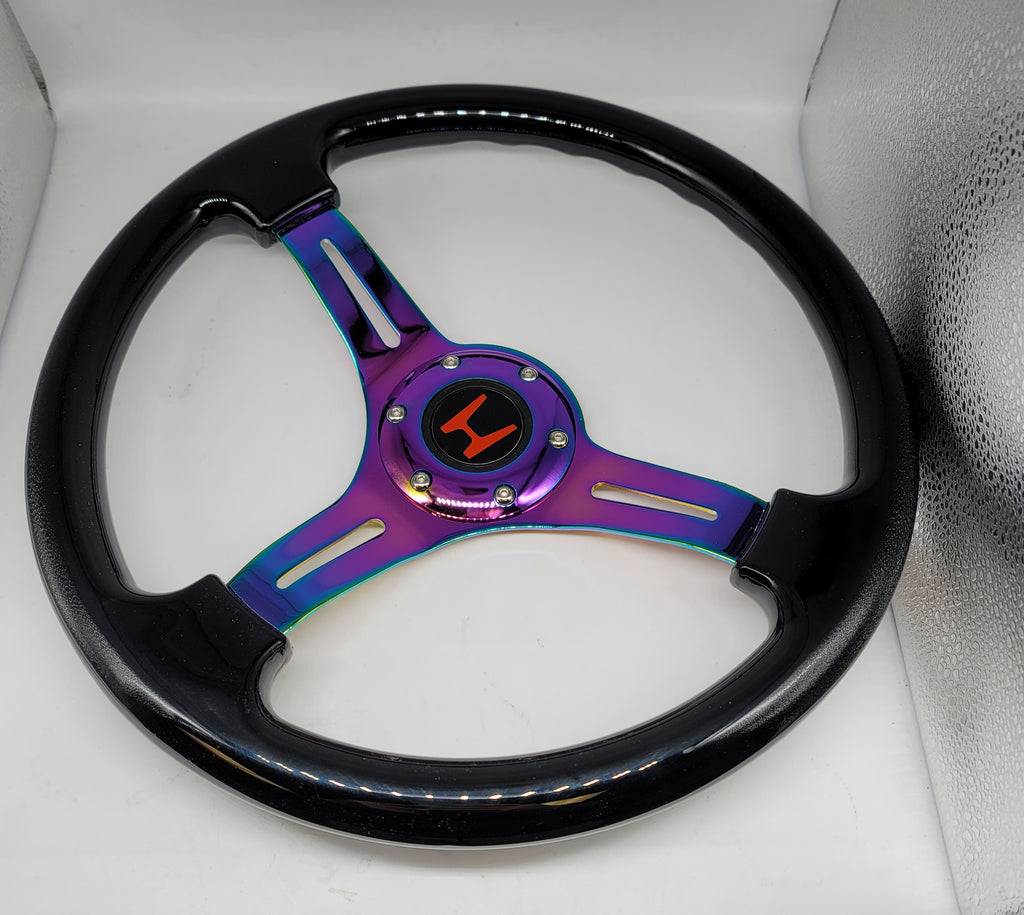 Brand New 350mm 14" Universal JDM Honda Red H Logo Deep Dish ABS Racing Steering Wheel Black With Neo-Chrome Spoke