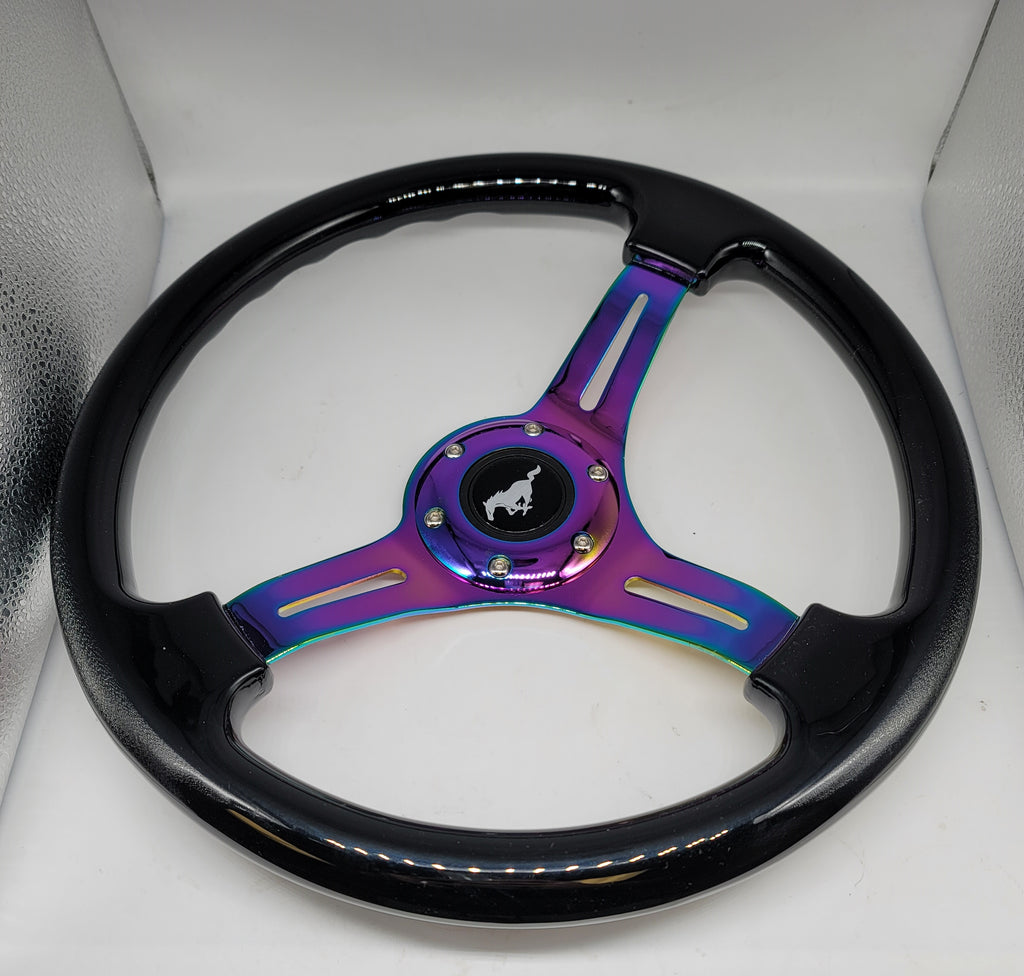 Brand New 350mm 14" Universal JDM Ford Mustang Logo Deep Dish ABS Racing Steering Wheel Black With Neo-Chrome Spoke