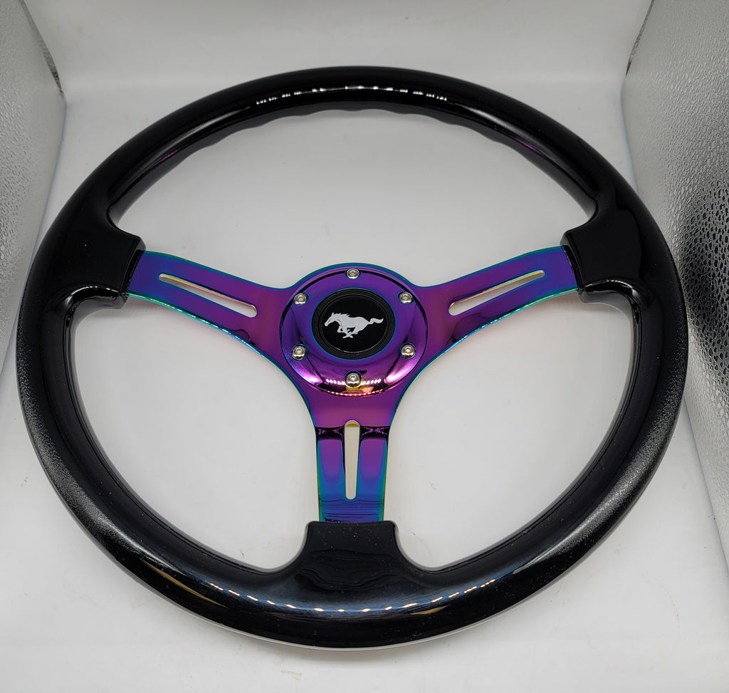 Brand New 350mm 14" Universal JDM Ford Mustang Logo Deep Dish ABS Racing Steering Wheel Black With Neo-Chrome Spoke