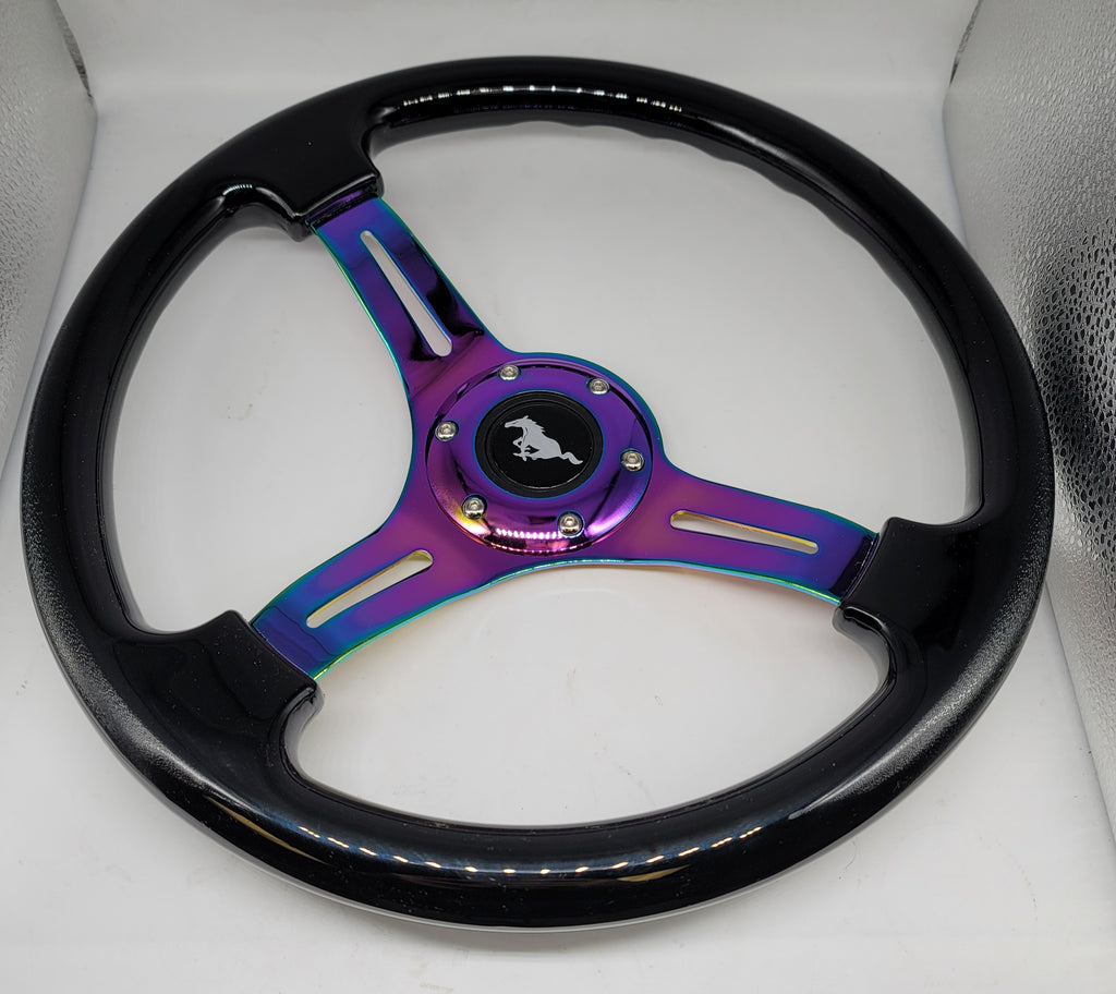 Brand New 350mm 14" Universal JDM Ford Mustang Logo Deep Dish ABS Racing Steering Wheel Black With Neo-Chrome Spoke